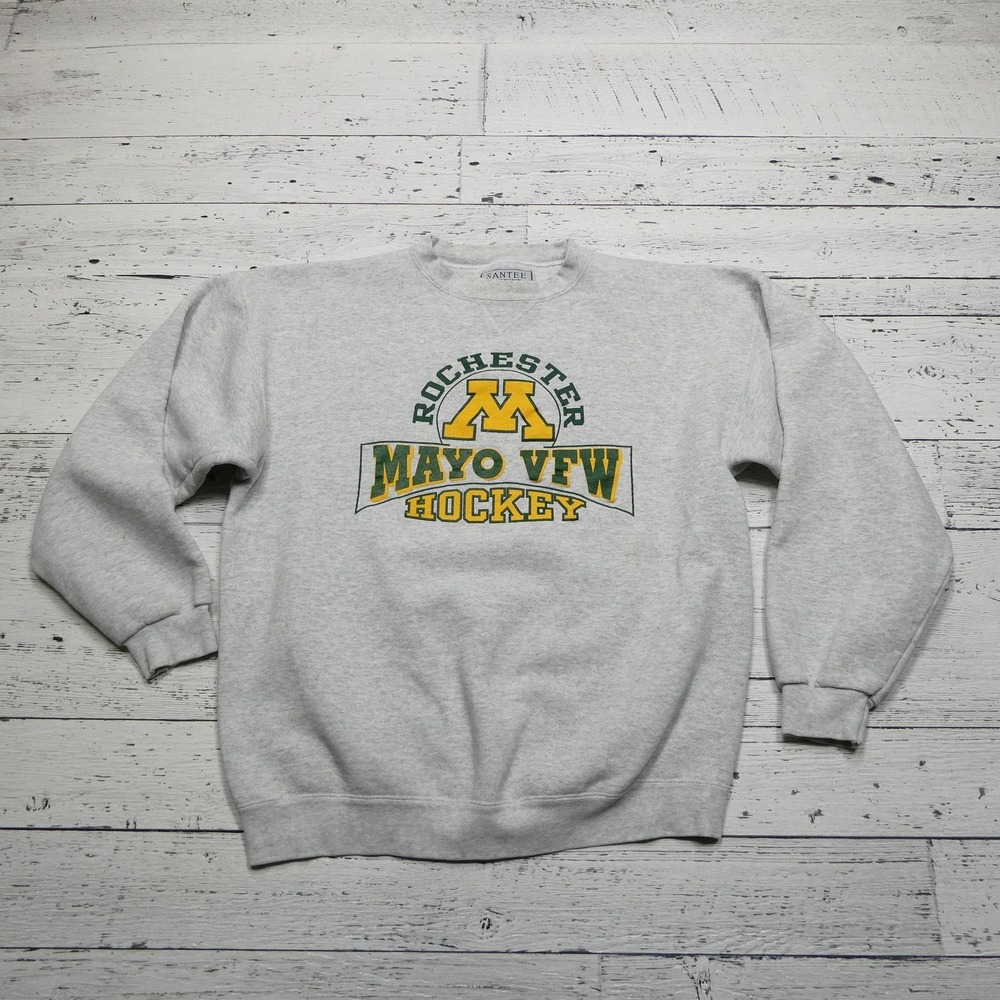 Vintage Rochester Mayo VFW Sweater Mens Large‎ Gray Hockey Crewneck Made USA 90s